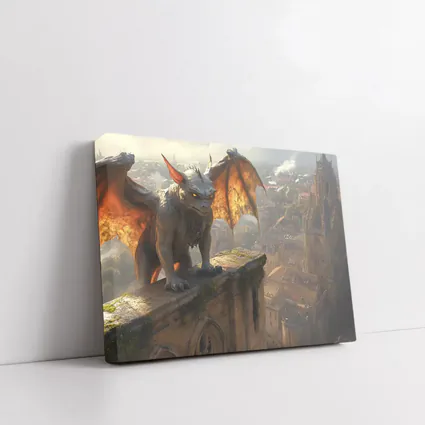 Gargoyle Perched Over Medieval City Skyline