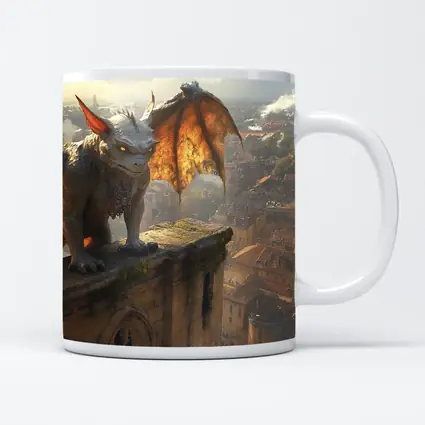 Gargoyle Perched Over Medieval City Skyline