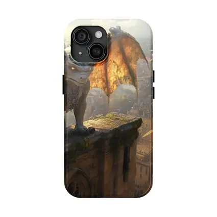 Gargoyle Perched Over Medieval City Skyline