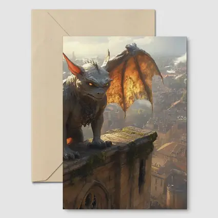 Gargoyle Perched Over Medieval City Skyline