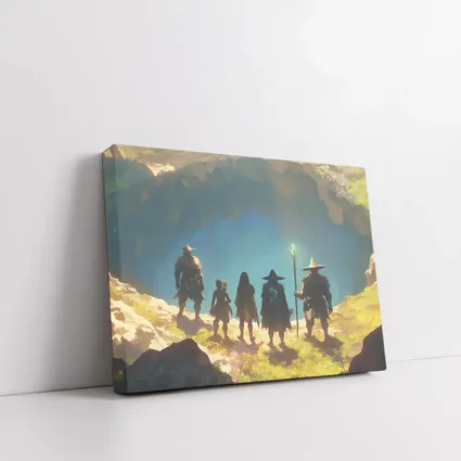 Fantasy Warriors Standing Before Glowing Cave