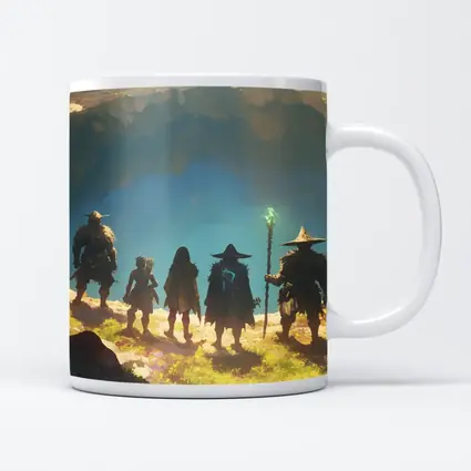 Fantasy Warriors Standing Before Glowing Cave