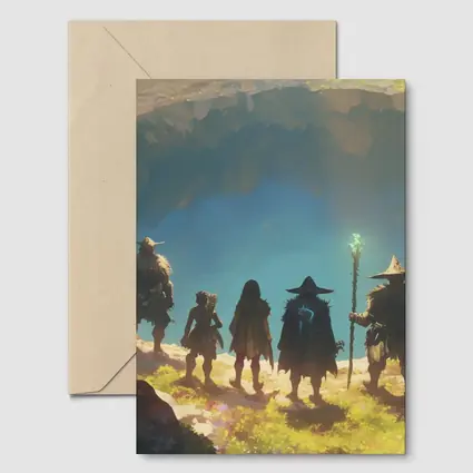 Fantasy Warriors Standing Before Glowing Cave