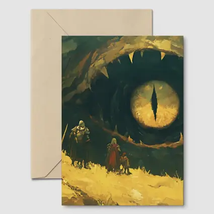 Fantasy Warriors Face Giant Dragon Eye