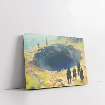 Fantasy Warriors Overlooking Mysterious Dark Chasm
