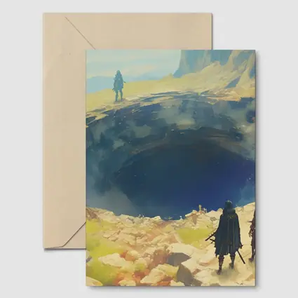 Fantasy Warriors Overlooking Mysterious Dark Chasm