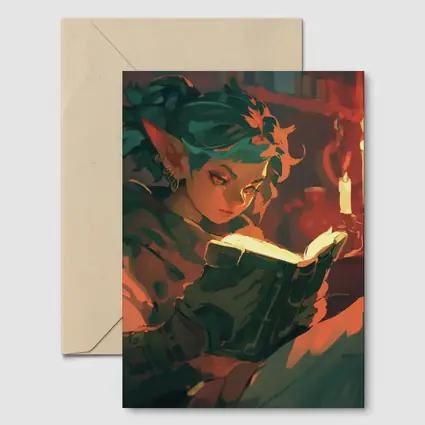 Fantasy Elf Reading Glowing Book by Candlelight