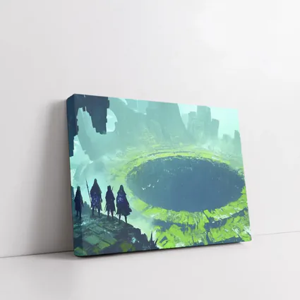 Fantasy Warriors Overlooking Ancient Crater Ruins