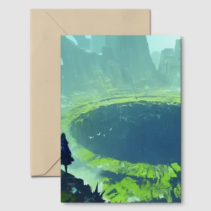 Fantasy Warriors Overlooking Ancient Crater Ruins