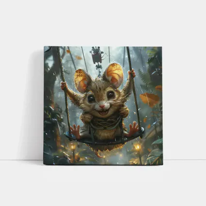Cute Mouse on Swing Rainy Forest