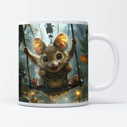 Cute Mouse on Swing Rainy Forest