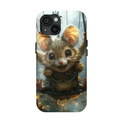 Cute Mouse on Swing Rainy Forest