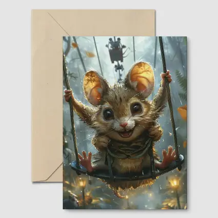 Cute Mouse on Swing Rainy Forest