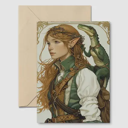 Elf Girl With Dragon Fantasy Art Nouveau
