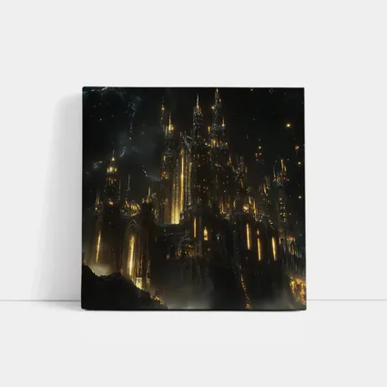 Dark Gothic Castle Glowing Gold Night Sky