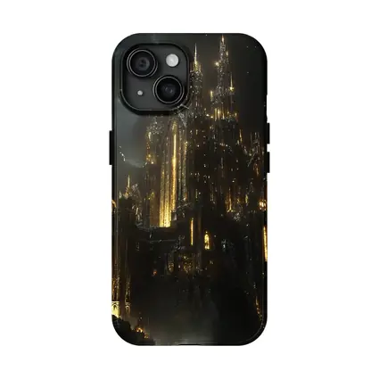 Dark Gothic Castle Glowing Gold Night Sky