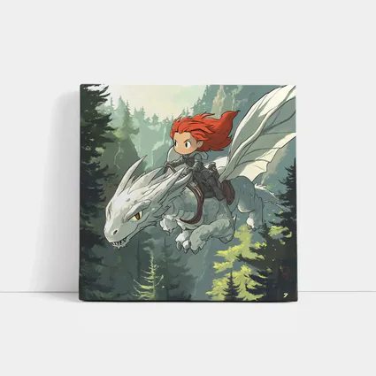 Red Hair Girl Riding White Dragon Forest