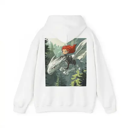 Red Hair Girl Riding White Dragon Forest