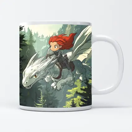 Red Hair Girl Riding White Dragon Forest