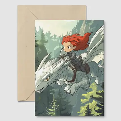 Red Hair Girl Riding White Dragon Forest