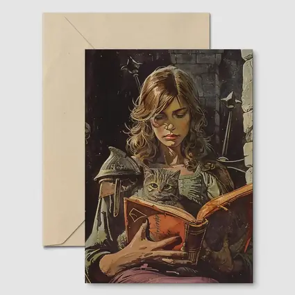 Female Knight Reading Book With Cat