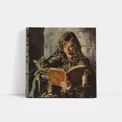 Female Knight Reading Book With Cat