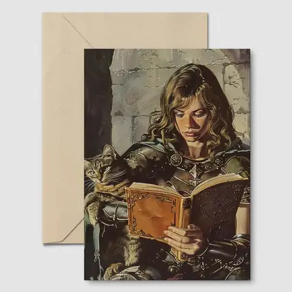 Female Knight Reading Book With Cat