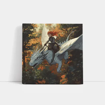 Red Haired Girl Riding White Dragon Forest