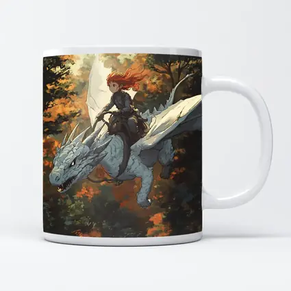 Red Haired Girl Riding White Dragon Forest