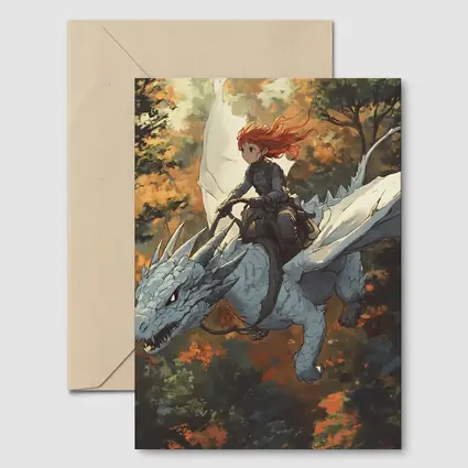 Red Haired Girl Riding White Dragon Forest