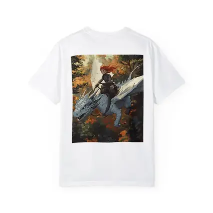 Red Haired Girl Riding White Dragon Forest