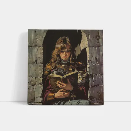 Female Warrior Reading Book With Cat