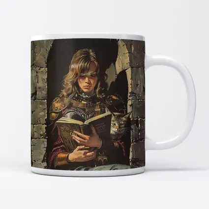 Female Warrior Reading Book With Cat