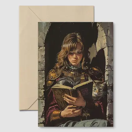 Female Warrior Reading Book With Cat