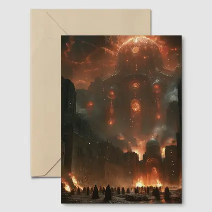Dark Fantasy City Burning Cosmic Entity Sky