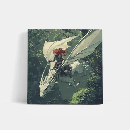 Red Hair Warrior Riding White Dragon Forest