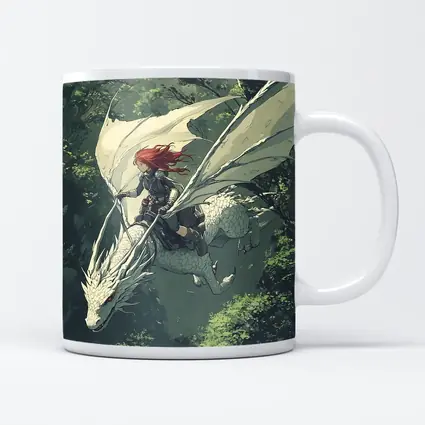 Red Hair Warrior Riding White Dragon Forest