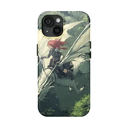 Red Hair Warrior Riding White Dragon Forest
