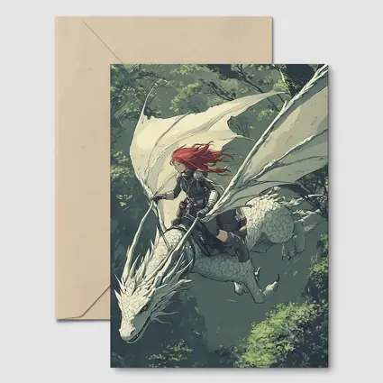 Red Hair Warrior Riding White Dragon Forest