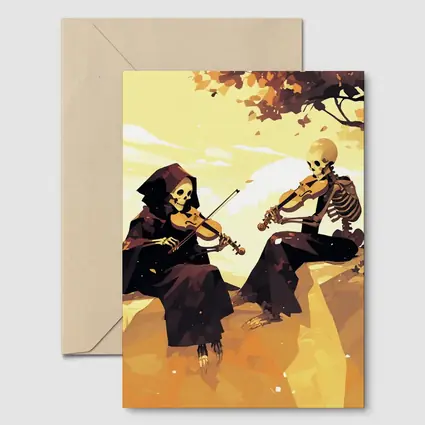 Skeletons Playing Violin Autumn Golden Landscape