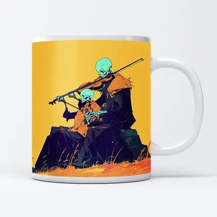 Skeleton Duo Playing Violin Yellow Background