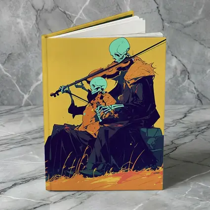 Skeleton Duo Playing Violin Yellow Background
