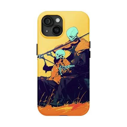 Skeleton Duo Playing Violin Yellow Background