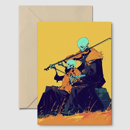 Skeleton Duo Playing Violin Yellow Background
