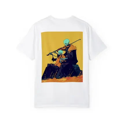 Skeleton Duo Playing Violin Yellow Background