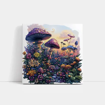 Fantasy Mushrooms and Wildflowers Sunset Garden