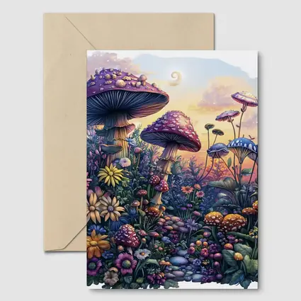 Fantasy Mushrooms and Wildflowers Sunset Garden