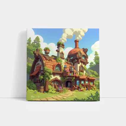 Fantasy Potion Shop Whimsical Cartoon Village Art