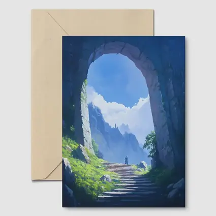 Fantasy Stone Arch Gateway Mountain Landscape Painting