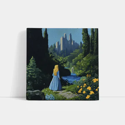 Blonde Girl Blue Dress Fantasy Castle Garden